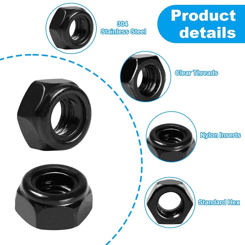 Yinpecly 50Pcs 1/4"-20 Nylon Insert Hex Lock Nuts 304 Stainless Steel Locknuts Self-Locking Nut, Standard Inch Threaded Nylock Nuts, Hex Drive, Zinc Plated Black - Image 3